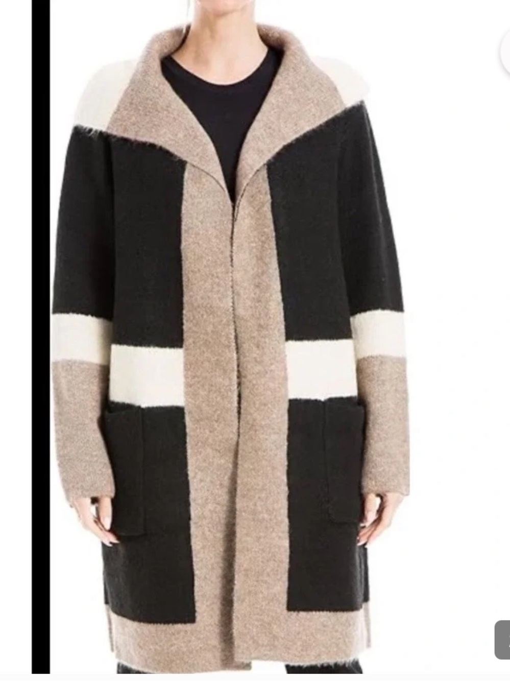 Max Studio Black & Cream Colorblock Open Front Sweater